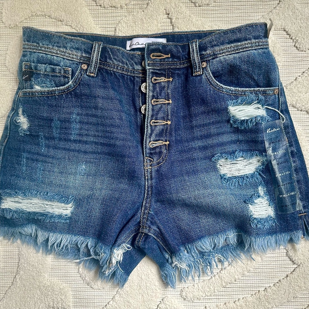 KanCan Women's Dark Blue Frayed Jean Shorts
